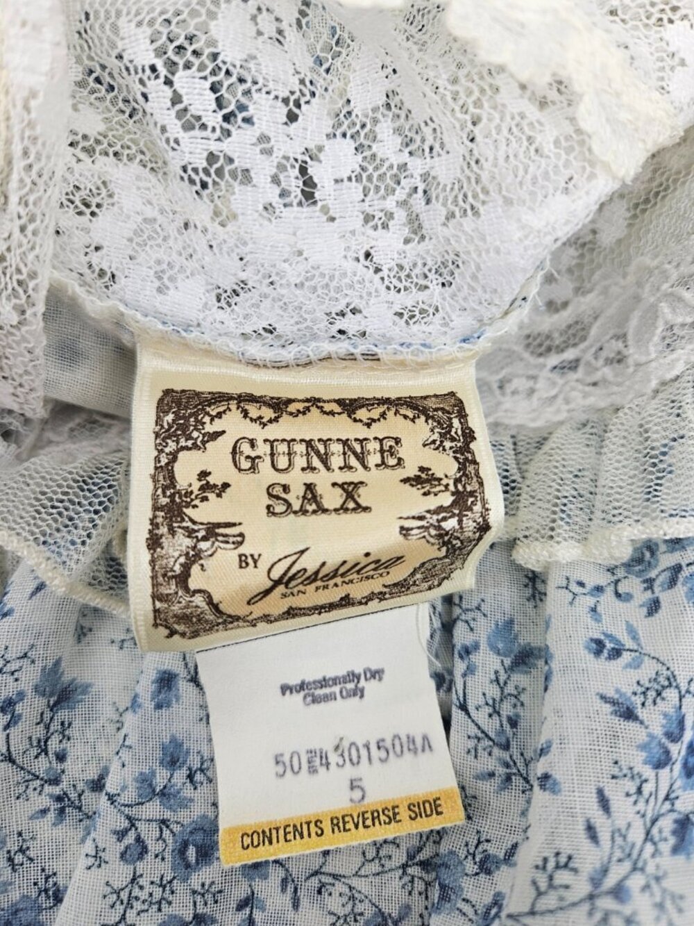 VTG Gunne Sax Prairie Maxi Dress Womens 5 Blue Floral Cottagecore Lace Gauze - Picture 7 of 8